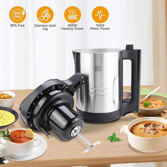 Homtone 1.6L Soup Maker, Stainless Steel Soup Making Machine with Smooth & Chunky Settings, Anti-Dry Burn, Overfill Sensors, Self-Cleaning Mode for Quick Soups, Baby Food
