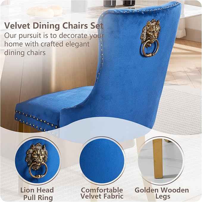 Velvet Dining Chairs Set of 2, Modern Tufted Dining Room Chair, Upholstered Dining Chairs with Lion Head Pulls Ring and Golden Solid Wood Legs, Luxury Kitchen Chairs for Dining Room, Blue