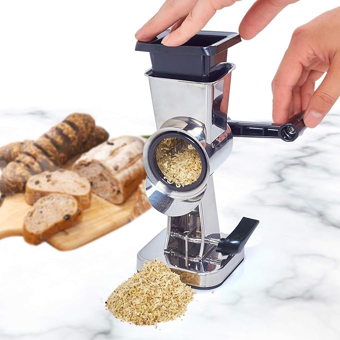LHS Rotary Cheese Grater Stainless Steel Manual Cheese Shredder Grater Walnuts Grinder with 3 Interchangeable Drum Blades for Chocolate, Cheese and Nuts