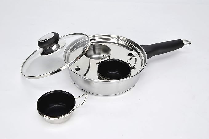 RUNZI 2 Cups Egg Poacher Pan - Stainless Steel Poached Egg Cooker – Perfect Poached Egg Maker – Induction Cooktop Egg Poachers Cookware Set with 2 Nonstick Large PFOA FREE Egg Poacher Cups…