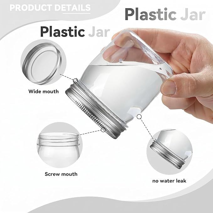 novelinks 8 oz Clear Plastic Jars with Airtight Lids, 24 Pack Plastic Mason Jars with Lids 8oz, Refillable Storage Slime Containers & Small Spice Jar for Kitchen Organization (24 Pack,Silver)