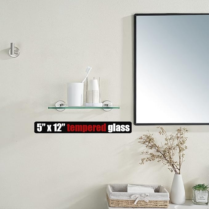 JQK Bathroom Glass Shelf, Tempered Glass Shower Storage 12 by 5 inches, 304 Stainless Steel Brushed Finish Wall Mount, TGS101L12-BN