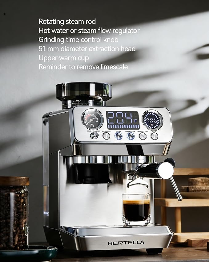 HERTELLA Espresso Machines with Burr Grinder, 20 Bar Visual Pressure Gauge, Milk Frother Steam Wand, Stainless Steel, 4 Temperature Modes (Hot and Cold Brew)，Automatic Pressure Release Function