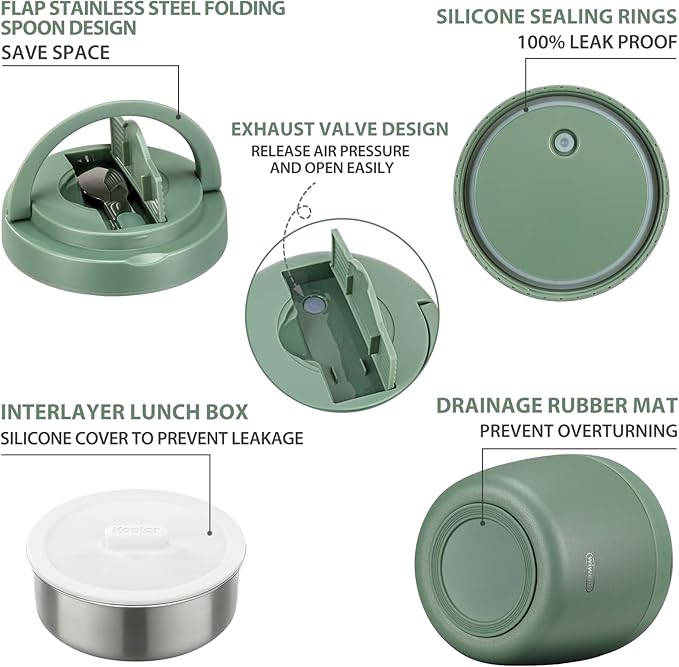 wiwens Thermo Food Jar for Hot Food Adults 32OZ Soup Thermo Lunch Containers Wide Mouth Vacuum Insulated Stainless Steel Leakproof Bento Box with Spoon (Green)
