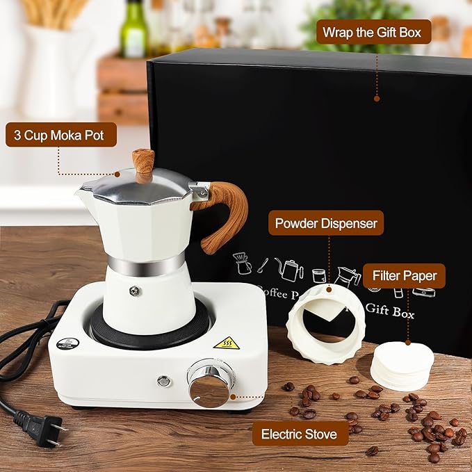 4-in-1 Moka Pot Espresso Set with Electric Stove 3 Cup Aluminum Stovetop Coffee Maker Percolator Italian Classic Mocha Coffee Machine with Powder Dispenser Filter Paper Portable Camping White