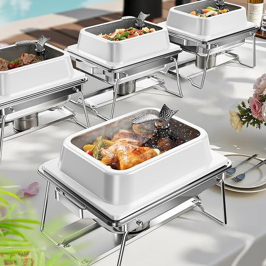 KScocina Chafing Dishes for Buffet, 4 Pack 5QT Square Stainless Steel Chafing Dish Set, Complete Buffet Warmer for Home Parties, Christmas & Catering Events (White)