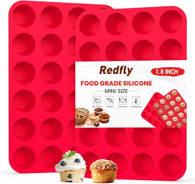Redfly 2 Pack Silicone MIini Muffin Pan & Cupcake Pans for Baking - 24 Cup Mini Size BPA Free Egg Bites Molds