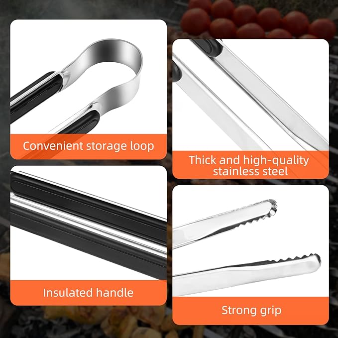 4 Pack Premium Stainless Steel Kitchen Tongs, Serving Tongs for Cooking, XEVOM Metal Food Tongs with Non-Slip Grip, Heat Resistant Grill Tongs 12 inch