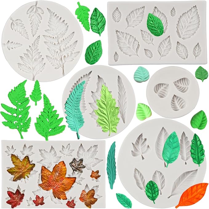 Leaf Silicone Mold Maple Leaf Fondant Mold Rose Leaf Molds Fern Leaves Candy Molds For Cake Decoration Cupcake Topper Chocolate Polymer Clay Gum Paste Set of 6