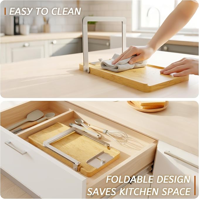 Adjustable Bread Slicer, Foldable Wood & Stainless Steel Guide for Homemade Sourdough, Sandwich & Artisan Loaves up to 6.3”, Space Saver for Small Kitchen, Includes Knife