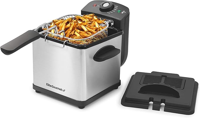Elite Gourmet EDF1607# 800-Watt Mesh Basket 1.6 Quart / 6.5 Cup Oil Capacity, Electric Immersion Deep Fryer with Temperature Knob and Lid with View Window, stainless steel