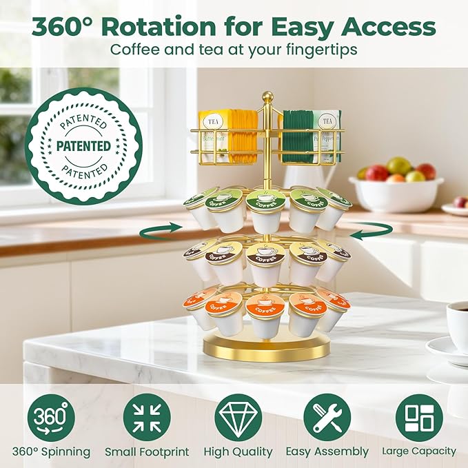 EsLuker.ly K Cup Holder Coffee Pod Organizer Carousel for Countertop, Rotatable Metal 4-Tier Storage Rack Stand for 30 K Cups & Tea Bags, Convenience Meets Elegance, Gold