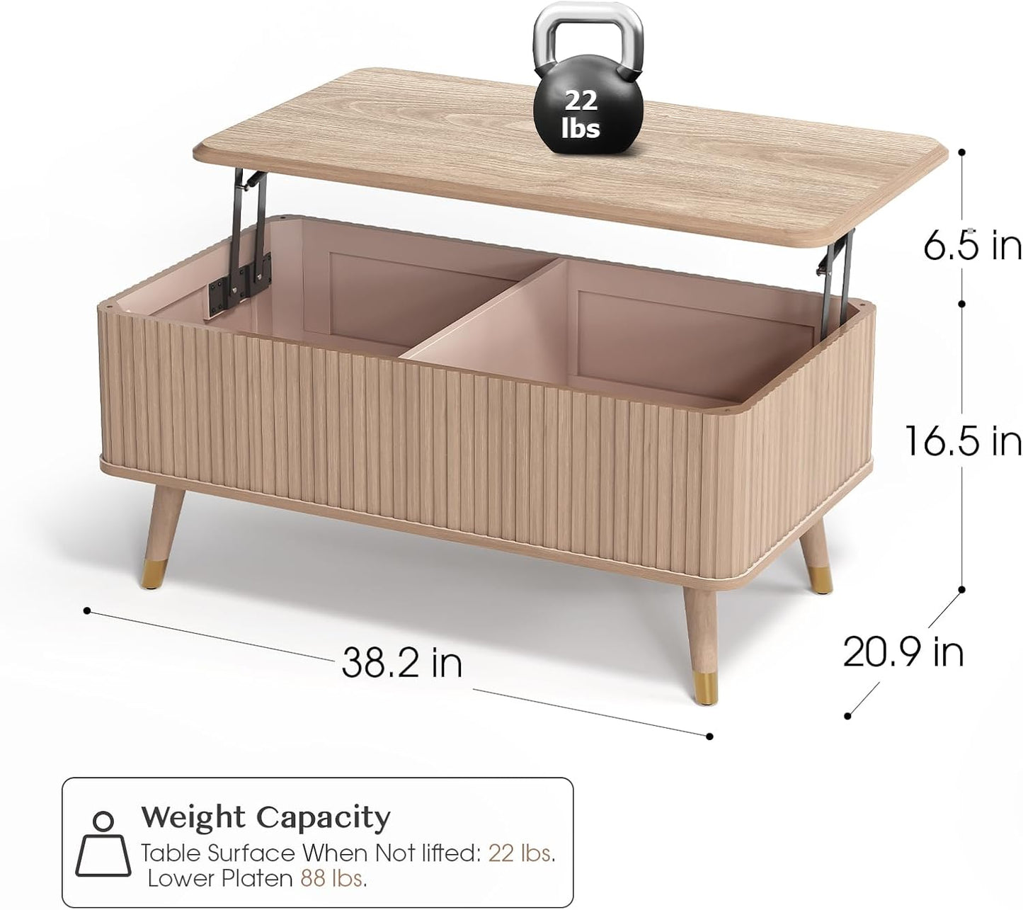 Lift Top Coffee Table, Mid Century Modern Coffee Table with Hidden Storage Compartment, 38" Fluted Center Table for Living Room, Home Office, Natural Oak