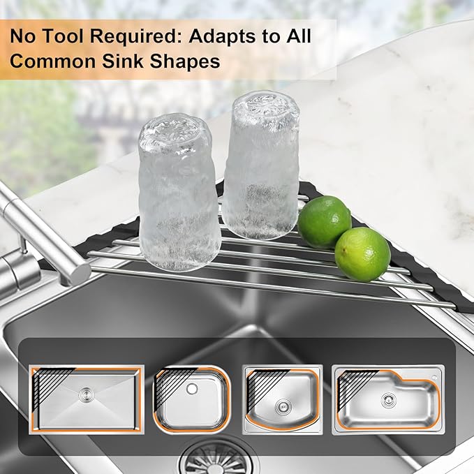 Corner Dish Drying Rack, Kitchen Sink Caddy Sponge Holder, Triangle Over The Sink Dish Drying Rack for Kitchen Counter, Roll Up Dishes Drainer Mat RV Essentials Organization and Storage Shelf, Black