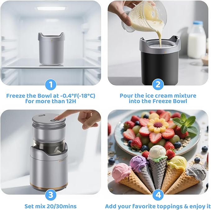 BRIOBITE Ice Cream Maker,Rechargeable Soft Ice Cream Machine with Low Noise,Compact for 1-2 Servings,Perfect for Sorbet,Gelato,Frozen Yogurt,Silver