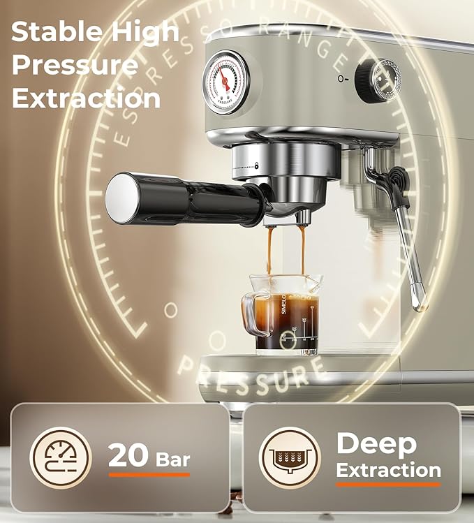 atatix 20 Bar Espresso Machine with Milk Frother, Compact Espresso Maker, Stainless Steel Coffee Machine with Precise Temp Control & 44oz Removable Water Tank for Latte, Cappuccino, Light Grey