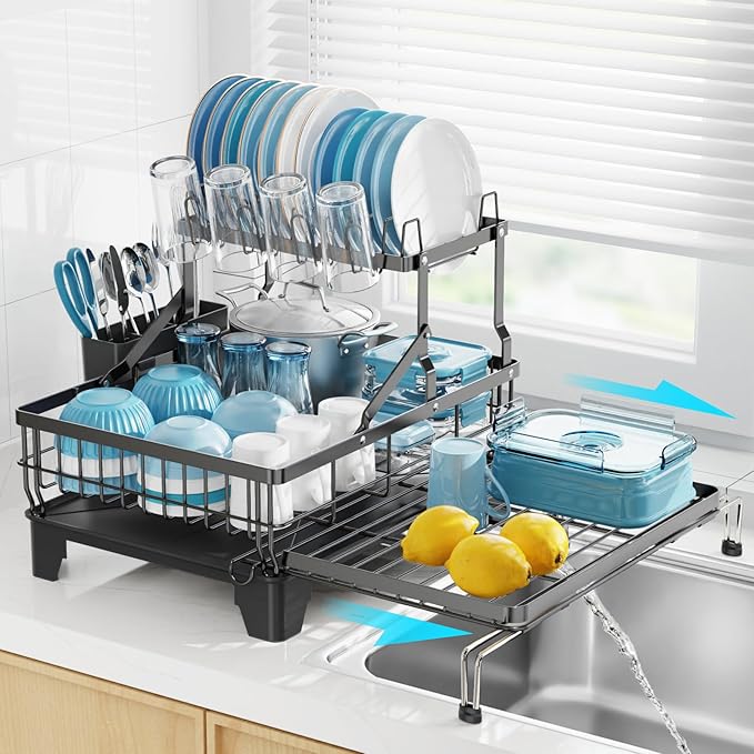 GSlife Large 2 Tier Dish Drying Rack, Expandable Heavy-Duty Dish Rack for Kitchen Counter, Rust-Resistant Dish Drainer with Utensil & Cup Holder, Auto-Drain, 16.9" W x 14.4"-22.4" L, Black
