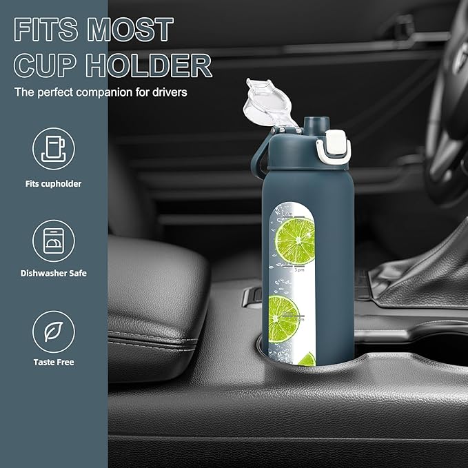chunmo 32 oz Glass Water Bottle with 2 Lids-Handle Spout Lid & Straw Lid, 1 Liter Motivational Borosilicate Water Bottle with Time Marker and Silicone Sleeve,Leakproof-Dark Blue-1 Pack