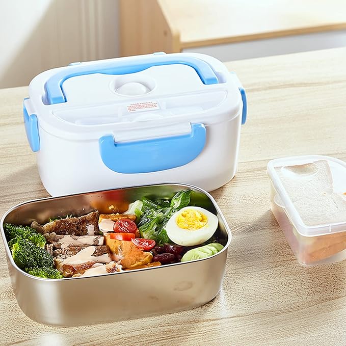 Electric Lunch Box 2 In 1 Food Heater 12V 24V 110V Portable Food Warmer for Car and Home Removable Stainless Steel Heated Bento Box (Blue)