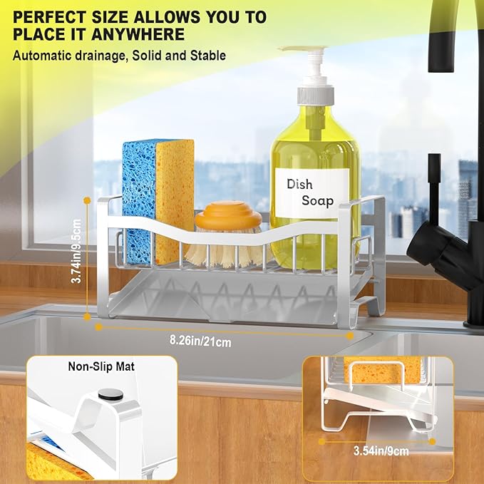 Maifan Stainless Steel Kitchen Sink Caddy Organizer with Auto Drain Tray, Sponge Holder for Countertop Storage (White)