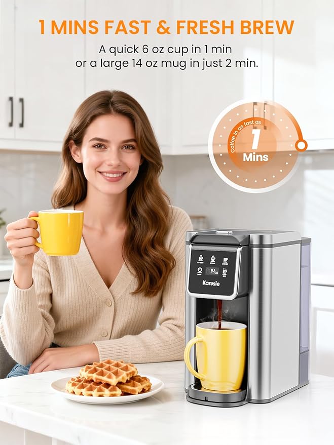 K Cup Coffee Maker, Hot & Iced Coffee Maker for K Cup and Grounds, 6-14 Oz Brew Sizes, 50oz Removable Tank, Single Cup Coffee Maker with Descaling Reminder, Stainless Steel, Black