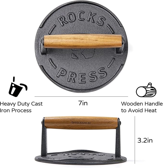 7 Inch Bacon Press, Heavy Duty Cast Iron Grill Press, 2.5 lbs Round Smash Burger Press with Wood Handle & Raised Edge, Food-Grade Griddle Press for Hamburger Bacon Seared Steak Sandwiches and Panini