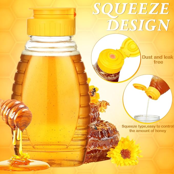 Eccliy 32 Pcs Clear Plastic Honey Jar Empty Honey Bottles with Caps Refillable Containers Leakproof Squeeze Bottle Container Holder with Flip Lid for Storing (12 oz,Yellow)