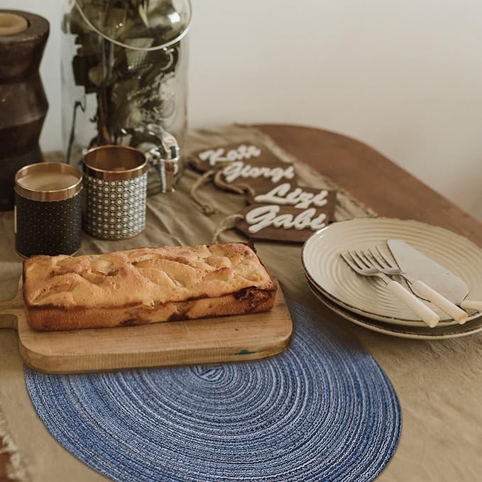 FunWheat Round Braided Placemats Set of 4 Place mats for Dining Tables Woven Heat Resistant Table Mats 15 inch (E Klein Blue, 4pcs)