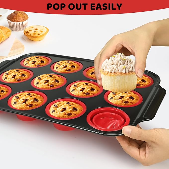 Silicone Muffin Pan Set, Reinforced Metal Frame Cupcake Baking Pan with Brush & Scraper 12-Cup Muffin Tin, Silicone Muffin Pan for baking for Toast Cupcakes Brownies Canele Mold Oven Dishwasher Safe