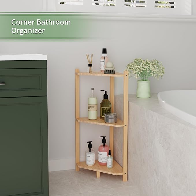 Wisuce Corner Shelf, 100% Real Bamboo Shower Corner Shelves Free Standing Shelf Storage Organizer for Bathroom Living Room Kitchen (Natural, 3 Tier)