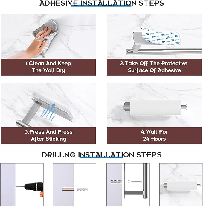 ASTOFLI Paper Towel Holder Under Cabinet No Drilling, Self Adhesive Paper Towel Holder Wall Mount for Kitchen Rack, Under Counter Napin Holder No Drill, RV, 304 Stainless Steel, Silver