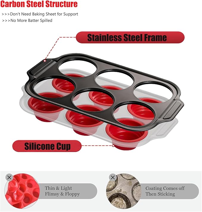 Silicone Muffin Pan, 6 Cups Muffin Pans for Baking with Metal Frame, Cupcake Pan, Egg Bite Molds, Muffin Tin Tray Easy to Pop Nonstick Non Toxic Bakeware for Oven