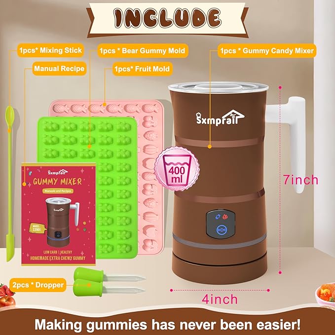 Gummy Maker Machine, Oil Infused Gummy Candy Maker, DIY Edible Gummy, Jelly & Pudding, Gummy Making Kit, , Include 1 Bear Mold, 1 Fruit Mold, 2 Dropper &1 Mixing Stick 5-Years Free Replacement (Brown)