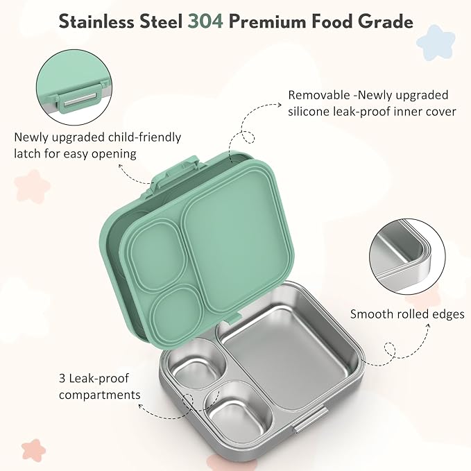 Howeemo Stainless Steel Bento Box Kids, Leak Proof Metal Bento Lunch Box,3 Compartments 304 Stainless Steel Bento Lunch Containers for School and Office, BPA-Free(Green)