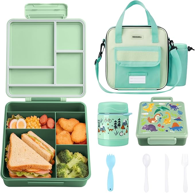 REDSHELL Bento Lunch Box for Kids Set, Leakproof Food Jar Pail with Insulated Bag, Toddler Snack Container Lunchbag for Girls Daycare, Back to School Lunchbox Kit, Includes Bottle Holder Strap, Green
