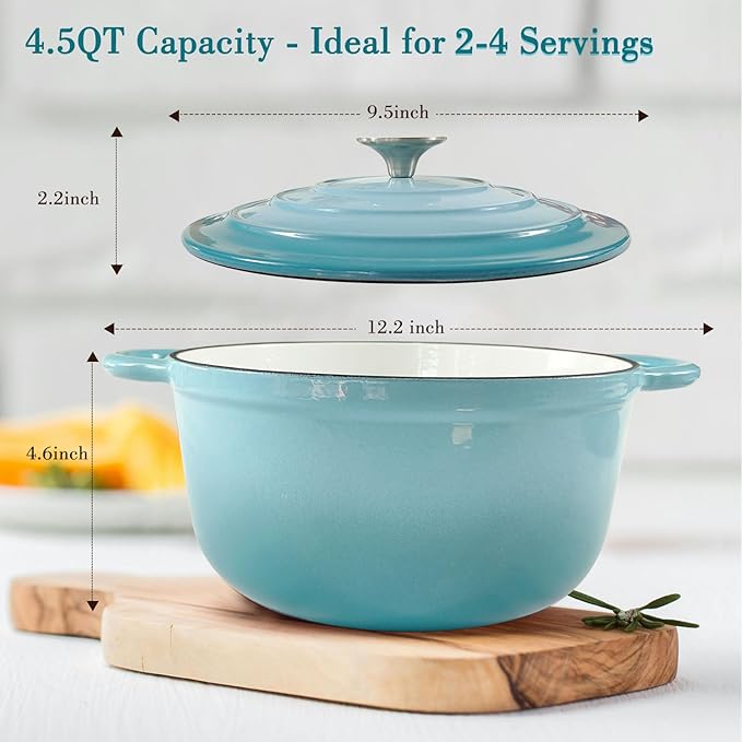 Cast Iron Dutch Oven 4.5 Quart Enameled Cast Iron Dutch Oven Pot with lid Heavy Duty Dutch Oven Dual Handles Porcelain Enameled Cast Iron Pot for Baking Braiser Cooking Family or Friends Gifts,Aqua