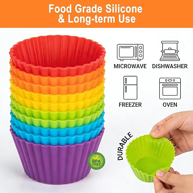 Reusable Non-Stick Silicone Baking Cups, Food Grade BPA Free Cupcake Muffin Liners, Oven & Dishwasher Safe Easy Release, Multicolor Rainbow, 24 Pack, for Muffins Cupcakes