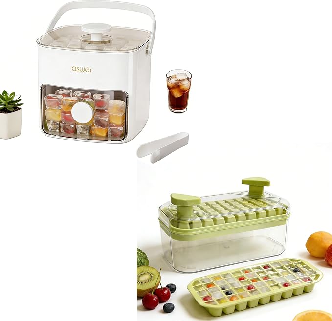 Plastic Ice Cube Trays with Bin and Scoop for Freezer+Ice Cube Trays Press Easy Release
