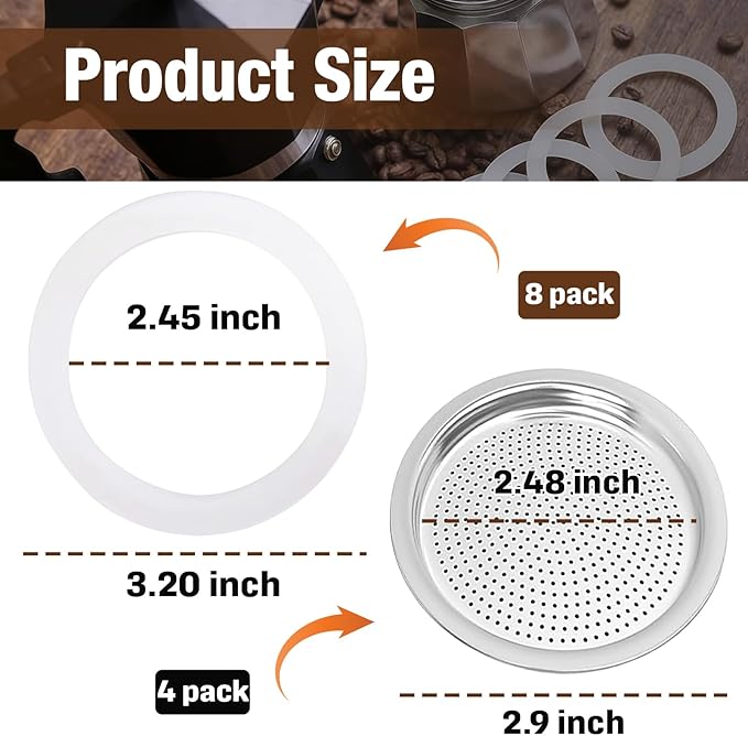 1 Set BIA640310 Espresso Machine Replacement Parts, Compatible with Bialetti Moka Express Dama 9-Cup, Includes 8 Silicone Sealing Rings And 4 Stainless Steel Filter Plates, Durable And Easy To Clean