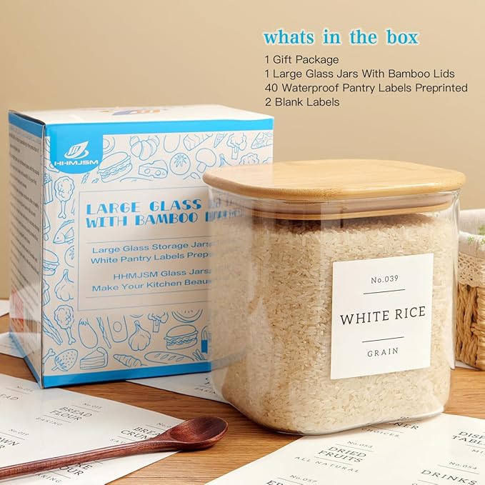 HHMJSM Large Glass Flour and Sugar Containers with 42 Kitchen Pantry Labels - 85 Oz Glass Food Storage Containers with Airtight Lids - Square Glass Jars with Bamboo Lids for Rice, Pasta, Cookies