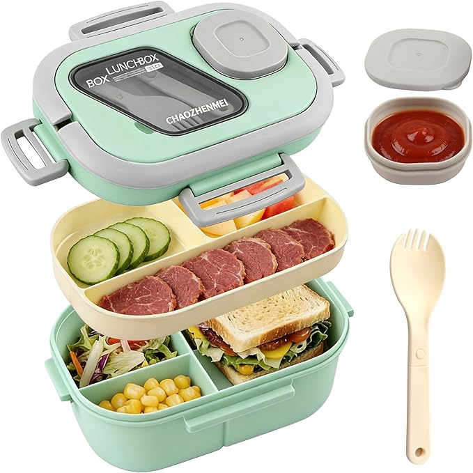 Adults Bento Lunch Box,Salad Container Large 43oz Salad Bowl, Bento-Style Tray for Toppings, 3oz Sauce Container for Dressings, and Built-In Reusable Fork (Green)