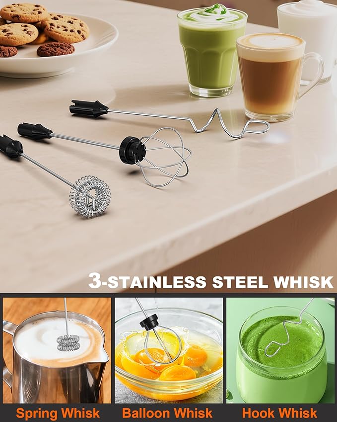 Rechargeable Handheld Milk Frother with Box, 3-Speed Coffee Frother Handheld with 3 Whisks, Dual Coil Whisk Electric Frother Wand for Coffee Latte Cappuccino Matcha and Egg, Kitchen Gift Set