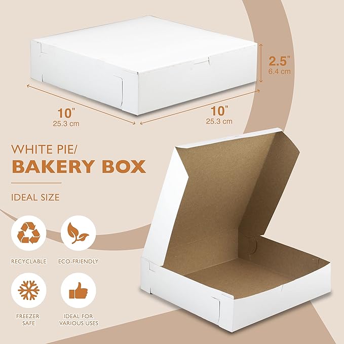 Fit Meal Prep [250 Pack] White Pie Boxes - 10x10x2.5 Inch Square Bakery Boxes for Cookies, Cheesecake, Chocolate Covered Strawberries, Dessert, Macaroon, Bread - Bulk Paper Cardboard Boxes
