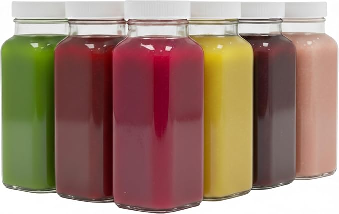 kitchentoolz 8oz Square Glass Juice Shot Bottle with Lid – 6 Pack 8 oz Milk Glass Bottles with Lids for Lunch Box, Airtight Reusable Drinking Jars for Smoothies, Yogurt, Kefir, Juice & Water
