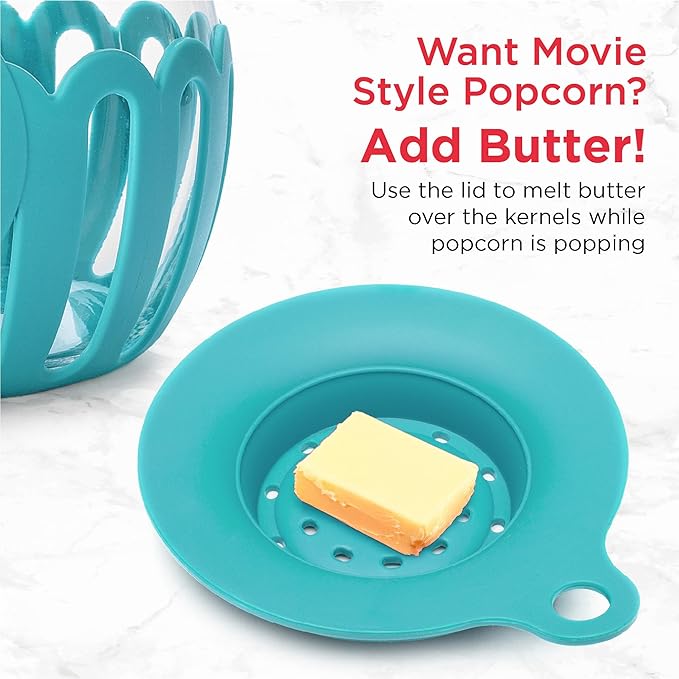 Ecolution Patented Micro-Pop Microwave Popcorn Popper with Temperature Safe Glass,3-in-1 Lid Measures Kernels and Melts Butter,Made Without BPA,Dishwasher Safe,1.5-Quart,Teal,(Pack of 4)