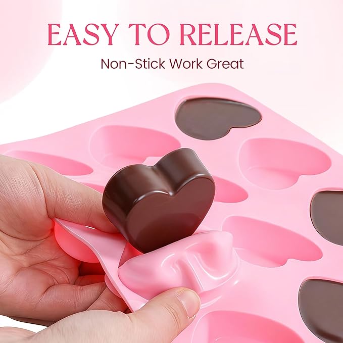 Heart-Shaped Silicone Chocolate Molds - Set of 2 Non-Stick Candy Heart Molds for Baking, Candy, Gummy, Cake, Jelly, Pudding, Handmade Soap Mould, Food Grade - Pink&Rose
