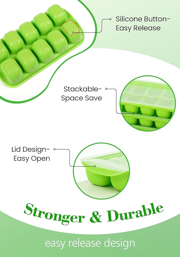 DOQAUS Ice Cube Tray with Lid and Bin - 4 Pack Ice Bucket Kits, Stackable Silicone Ice Trays for Freezer, Easy Pop Out, BPA Free for Cocktail, Coffee, Soup, Food, RV, Kitchen