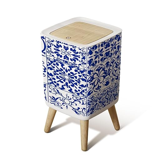 Small Trash Can with Lid Set 16 Tiles Azulejos Blue White Original Traditional Portuguese Spain Wastebasket with Press Cover Dog Proof Garbage Can Waste Bin for Kitchen Bathroom Nursery 2.6 Gallon