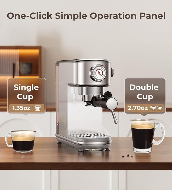 atatix Espresso Machine with Milk Frother, 20 Bar Pressure Espresso Maker, with 44OZ Removable Tank, Compact Stainless Steel Coffee Machine for Home, Office, Latte, Cappuccino, Macchiato, Silver