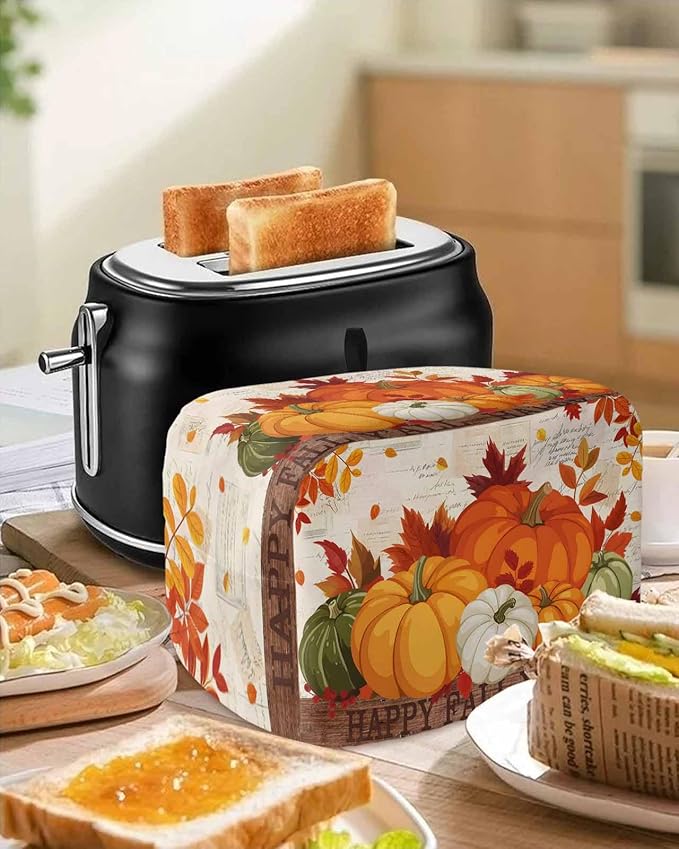 Orange Pumpkins Fall Toaster Cover 2 Slice, Thanksgiving Maple Leaf Dustproof Bakeware Oven Protector with Top Hook, Autumn Retro Waterproof Small Kitchen Appliance Toasters Dust Cover, 11"x6"x8"
